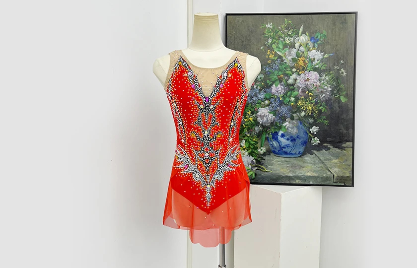 Leotardo de gimnasia art&iacute;stica con diamantes de imitaci&oacute;n rojo naranja | G0112