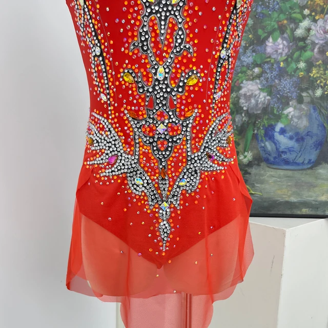 Leotardo de gimnasia art&iacute;stica con diamantes de imitaci&oacute;n rojo naranja | G0112