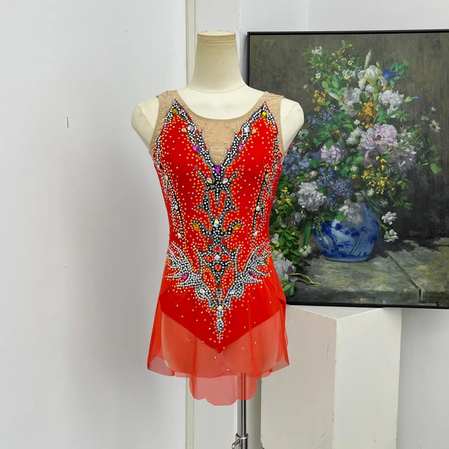 Leotardo de gimnasia art&iacute;stica con diamantes de imitaci&oacute;n rojo naranja | G0112