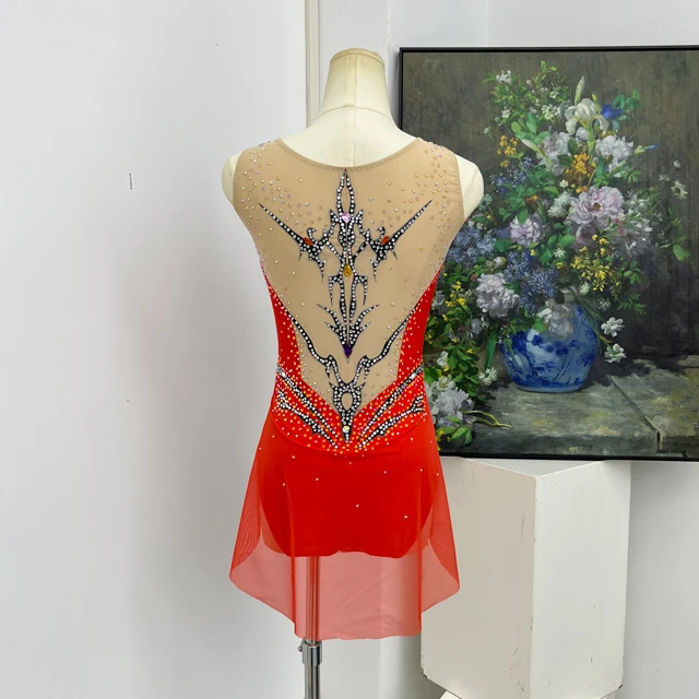 Leotardo de gimnasia art&iacute;stica con diamantes de imitaci&oacute;n rojo naranja | G0112