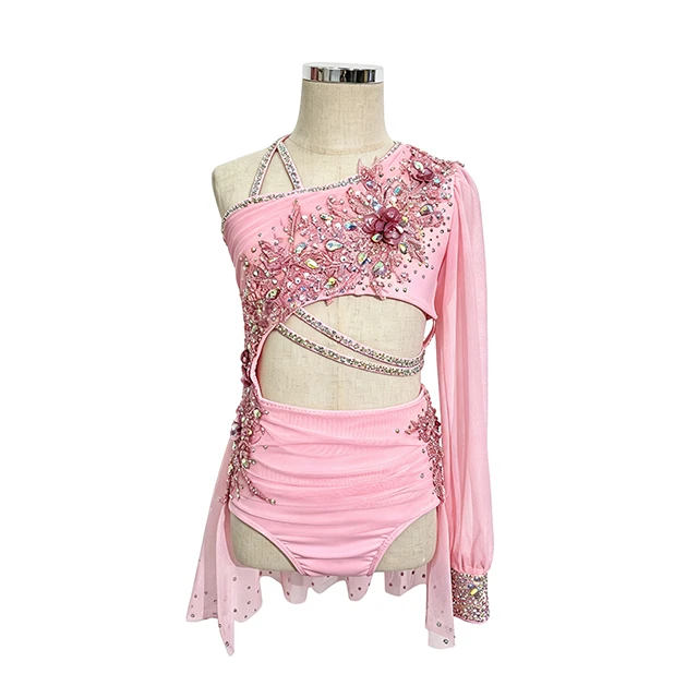 Traje de danza l&iacute;rica asim&eacute;trica floral rosa | BLC1370