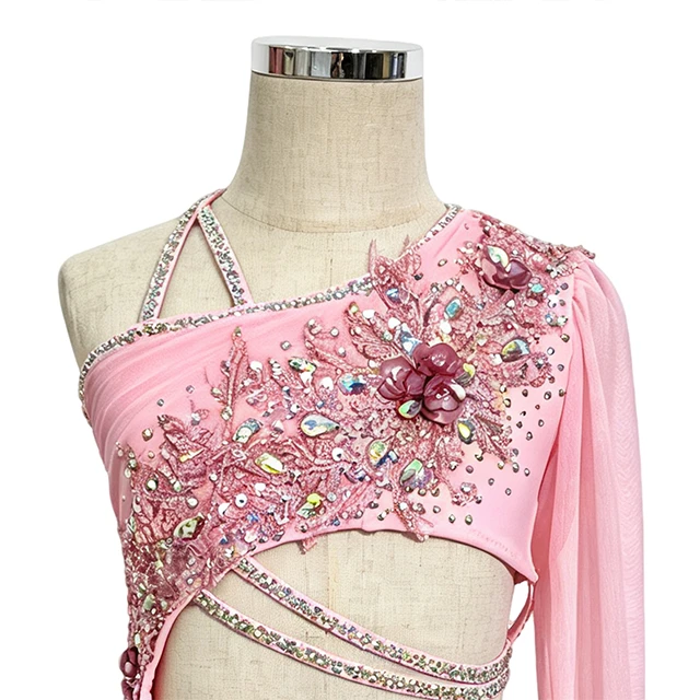 Traje de danza l&iacute;rica asim&eacute;trica floral rosa | BLC1370
