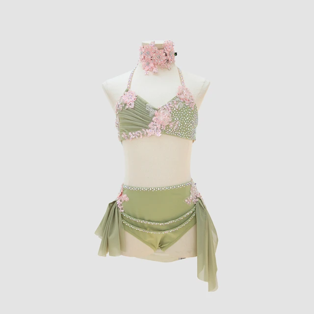 Traje de danza l&iacute;rica de 2 piezas con halter y diamantes de imitaci&oacute;n verde salvia | G003