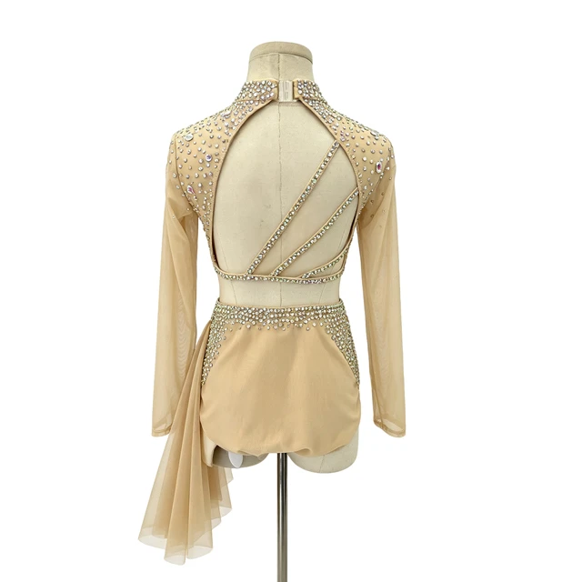 Traje de danza l&iacute;rica de 2 piezas con cuello alto y diamantes de imitaci&oacute;n color nude | R0985