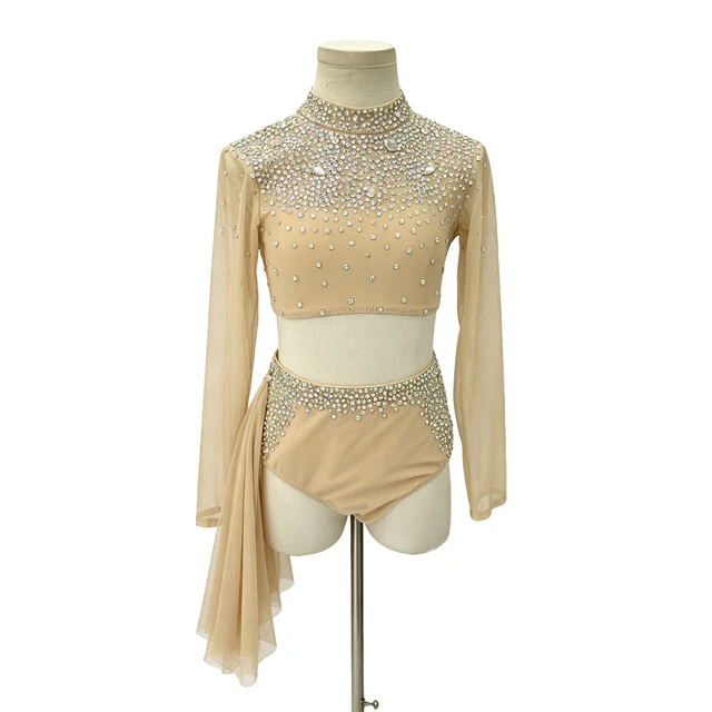 Traje de danza l&iacute;rica de 2 piezas con cuello alto y diamantes de imitaci&oacute;n color nude | R0985