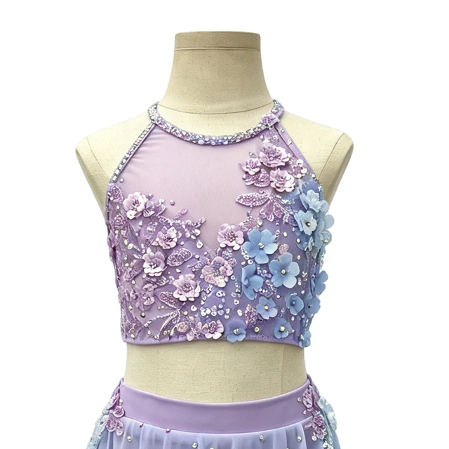 Traje de danza l&iacute;rica floral de 2 piezas con degradado azul morado | G026