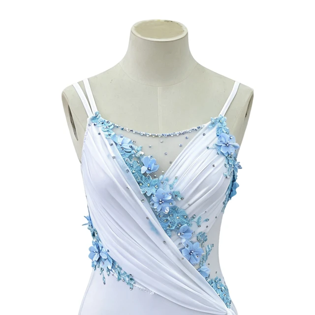 Vestido de leotardo de danza l&iacute;rica floral blanco con azul claro | R0998