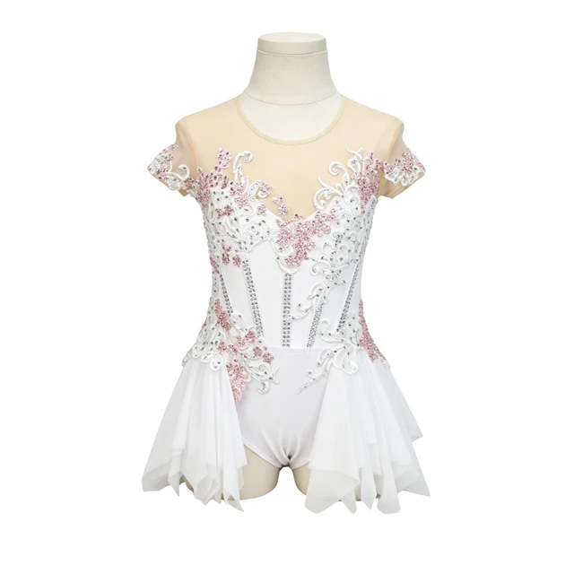 Vestido de baile l&iacute;rico blanco con diamantes de imitaci&oacute;n de encaje rosa | G030