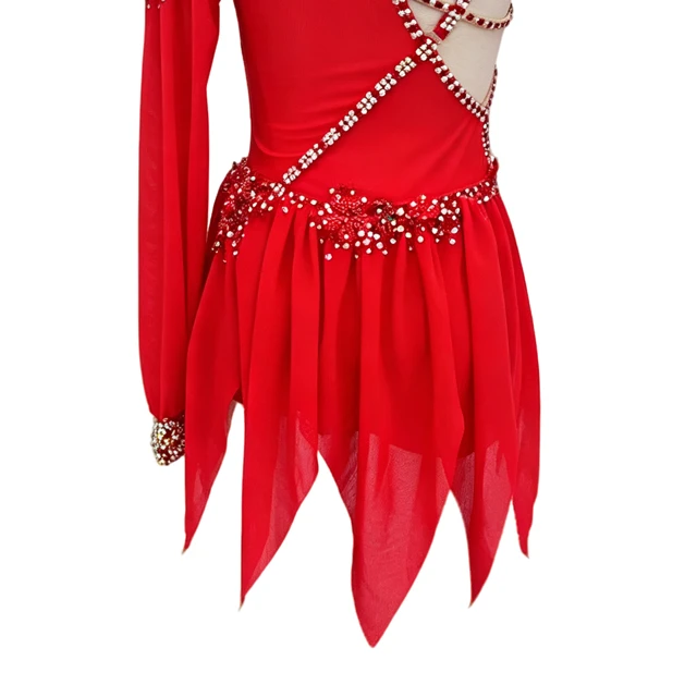 Traje de danza l&iacute;rica asim&eacute;trica con diamantes de imitaci&oacute;n rojos | BLC1381