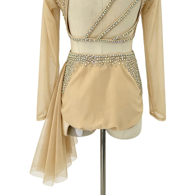Traje de danza l&iacute;rica de 2 piezas con cuello alto y diamantes de imitaci&oacute;n color nude | R0985