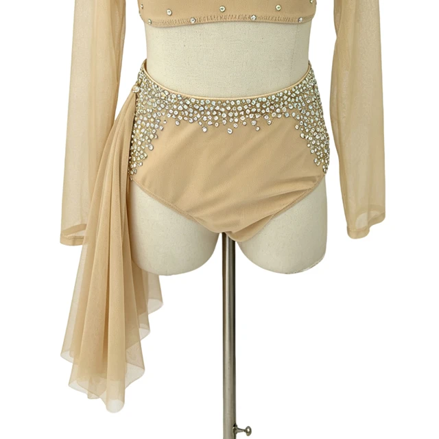 Traje de danza l&iacute;rica de 2 piezas con cuello alto y diamantes de imitaci&oacute;n color nude | R0985