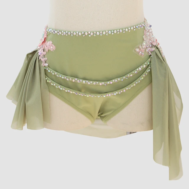 Traje de danza l&iacute;rica de 2 piezas con halter y diamantes de imitaci&oacute;n verde salvia | G003
