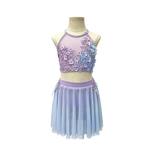 Traje de danza l&iacute;rica floral de 2 piezas con degradado azul morado | G026