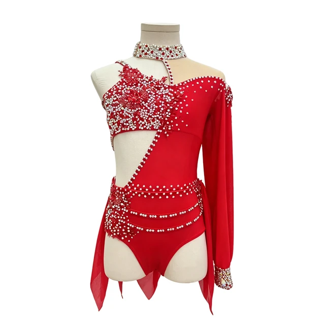 Traje de danza l&iacute;rica asim&eacute;trica con diamantes de imitaci&oacute;n rojos | BLC1381