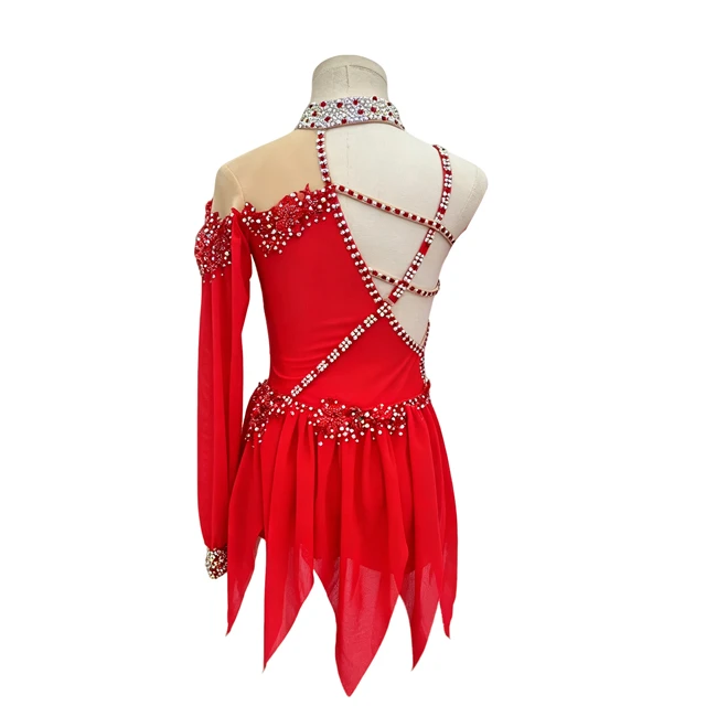 Traje de danza l&iacute;rica asim&eacute;trica con diamantes de imitaci&oacute;n rojos | BLC1381