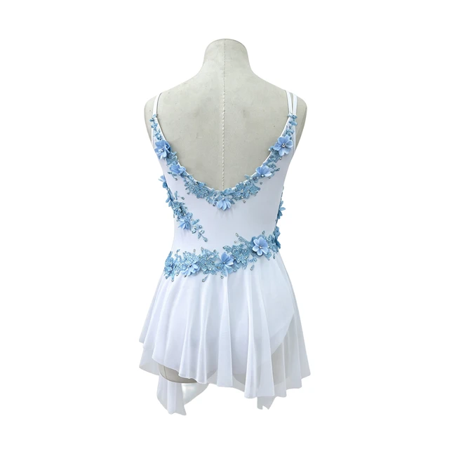 Vestido de leotardo de danza l&iacute;rica floral blanco con azul claro | R0998