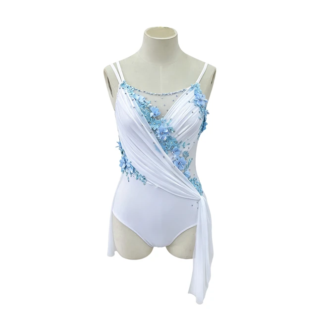 Vestido de leotardo de danza l&iacute;rica floral blanco con azul claro | R0998