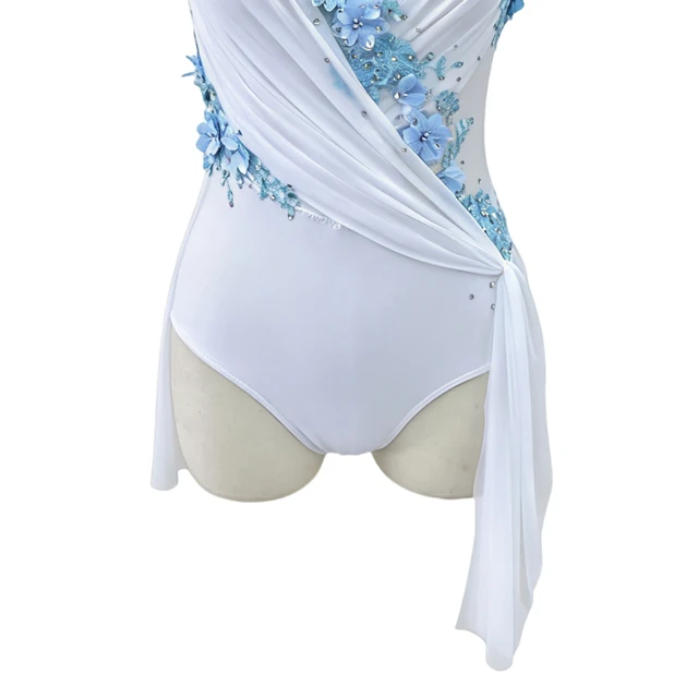 Vestido de leotardo de danza l&iacute;rica floral blanco con azul claro | R0998