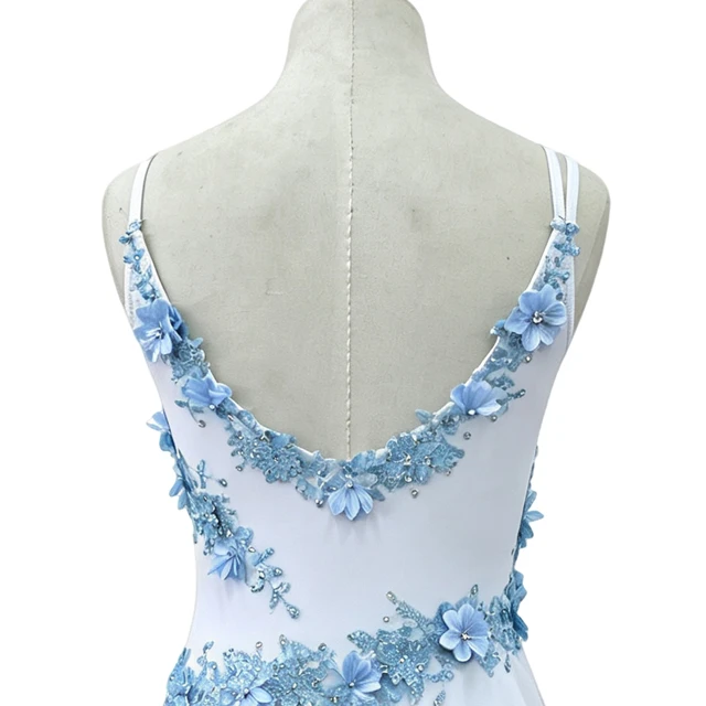 Vestido de leotardo de danza l&iacute;rica floral blanco con azul claro | R0998