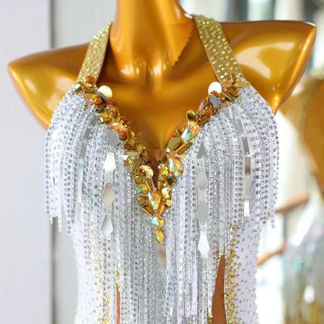 Vestido de baile latino con flecos de oro blanco y diamantes de imitaci&oacute;n | LD020