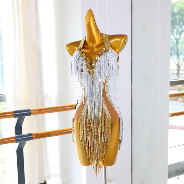 Vestido de baile latino con flecos de oro blanco y diamantes de imitaci&oacute;n | LD020