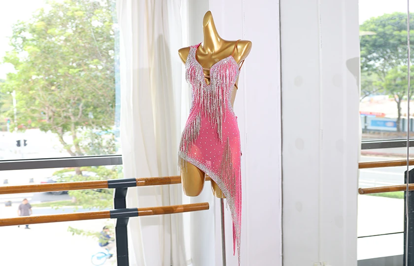 Vestido de baile latino con flecos rosas y diamantes de imitaci&oacute;n | LD005