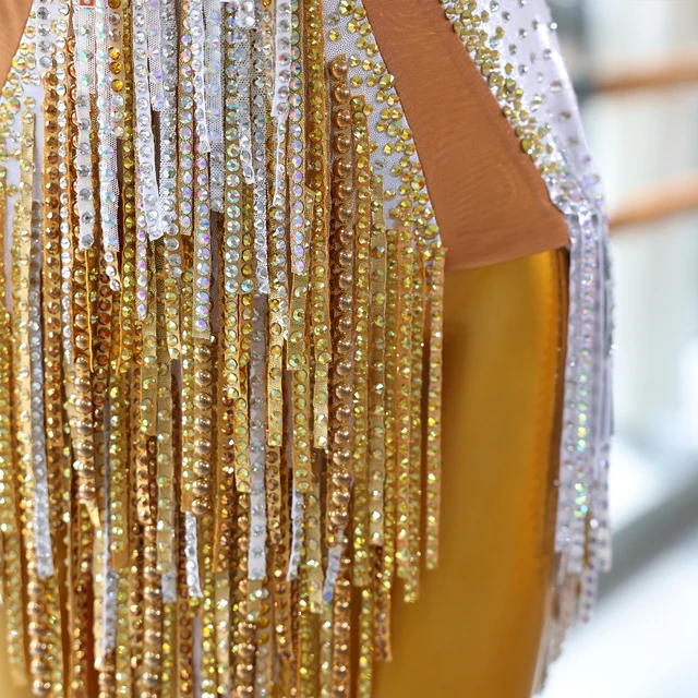 Vestido de baile latino con flecos de oro blanco y diamantes de imitaci&oacute;n | LD020