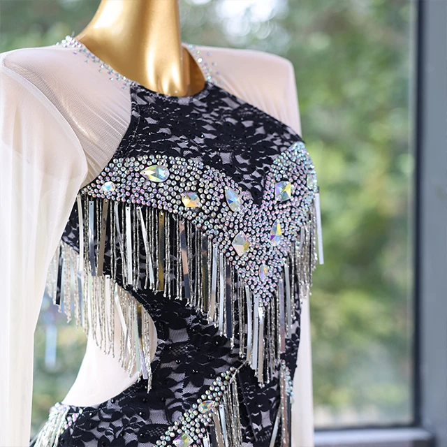Vestido de baile latino con flecos y diamantes de imitaci&oacute;n de encaje blanco y negro | LD009
