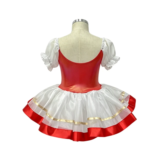 Girls Red Puff Sleeve Crisscross Lace-up Classical Ballet Tutu Dress | XGZ0258