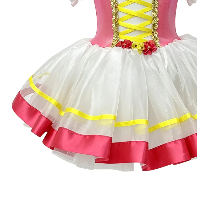 Girls Rose Red Puff Sleeve Crisscross Lace-up Classical Ballet Tutu Dress | XGZ0258
