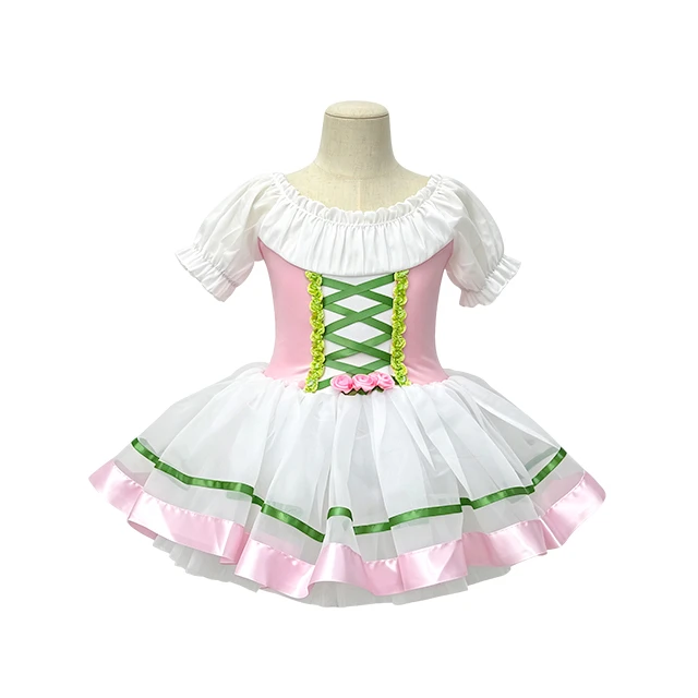 Girls Pink Puff Sleeve Crisscross Lace-up Classical Ballet Tutu Dress | XGZ0258