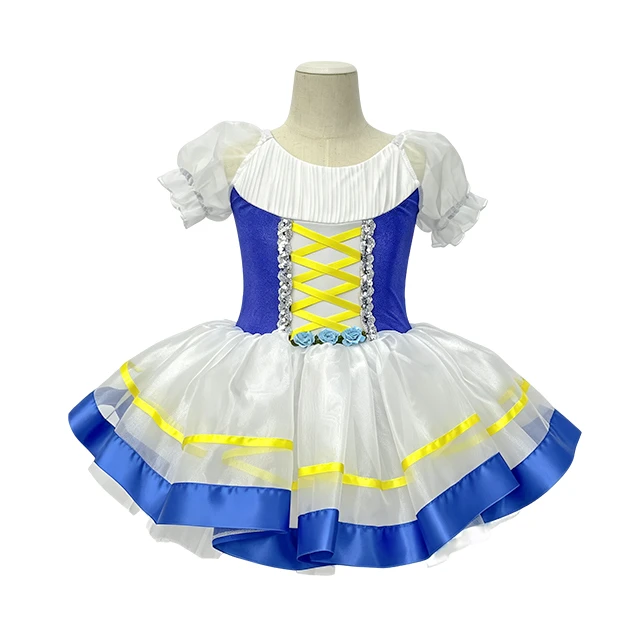 Girls Blue Puff Sleeve Crisscross Lace-up Classical Ballet Tutu Dress | XGZ0258