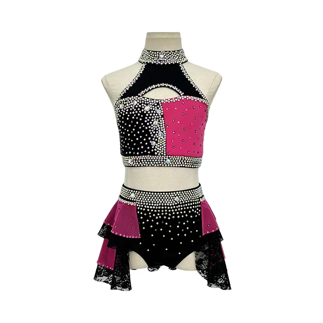 Red Black Color-blocked Design Rhinestone Lyrical Jazz Leotard|BLC2113